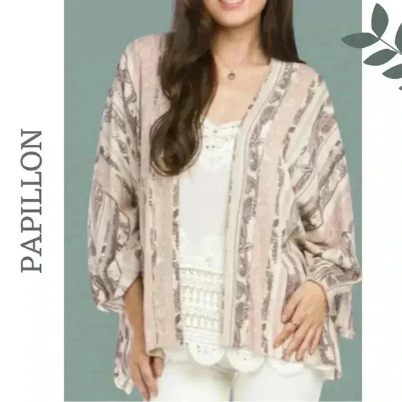 Papillon Kimono Top Long Sleeve Vertical Stripe PaisleyPink Cream Light Brown - Picture 1 of 7